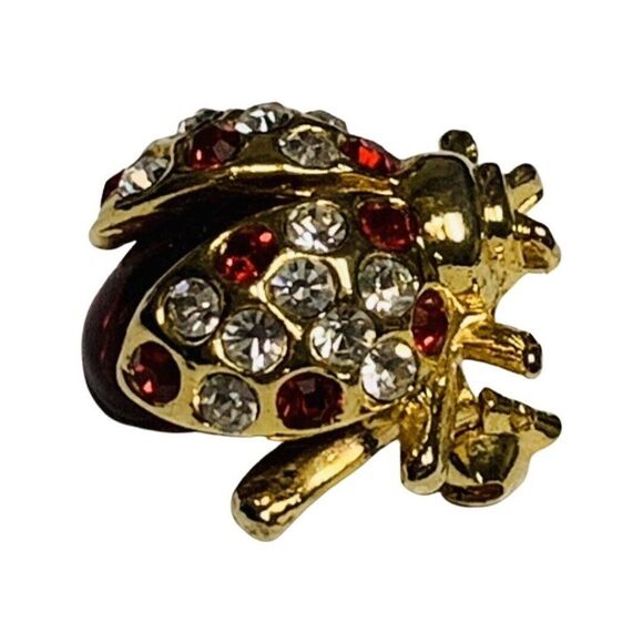 Women’s Red & White Crystal Glass Enamel Ladybug Gold Tone Vintage Brooch - Picture 2 of 6